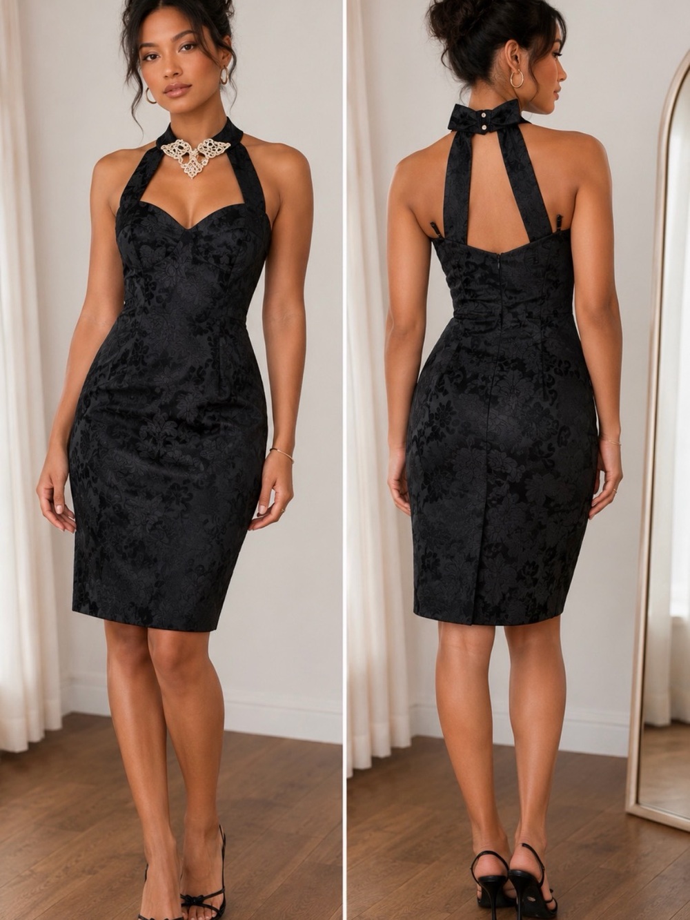 Vintage Scott McClintock Black Jacquard Halter Sheath Dress